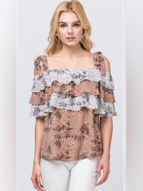 New Adorable Off The Shoulder Mocha Brown, Ivory Tiered Ruffle Floral Print Top
